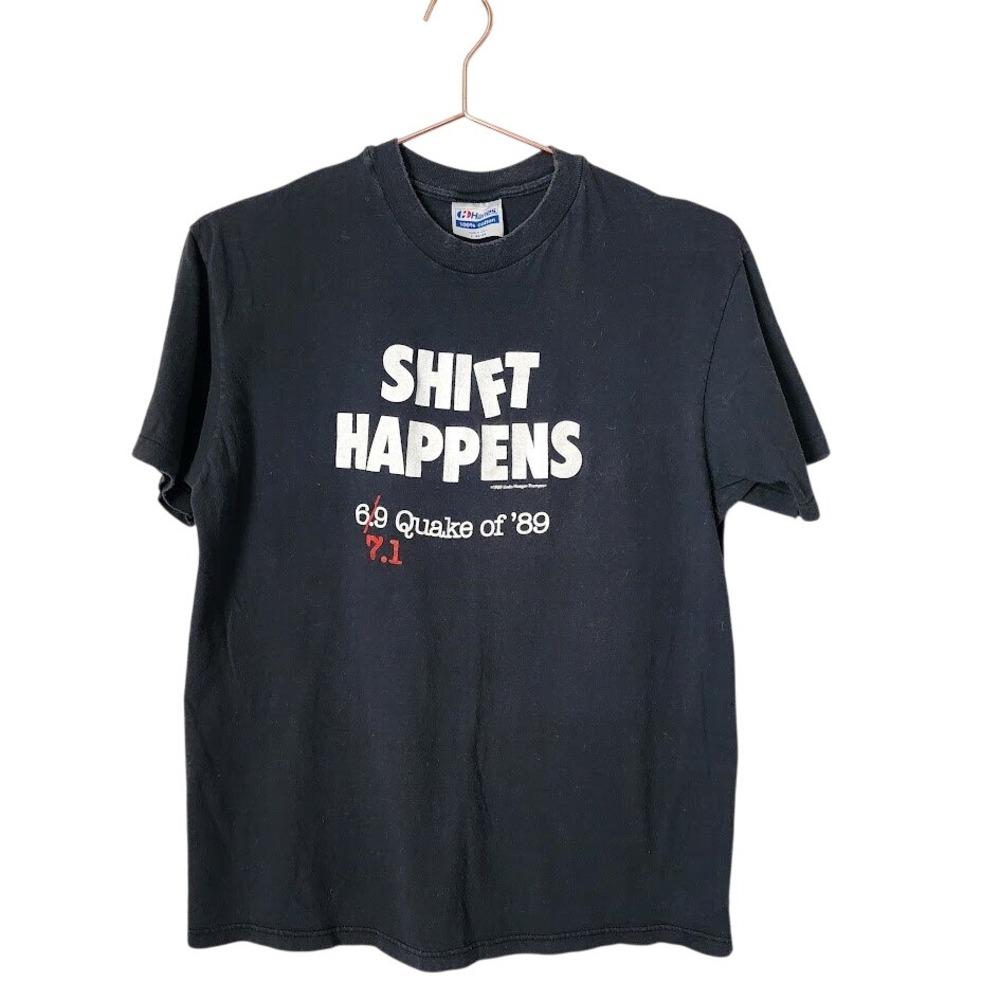 VINTAGE 1989 Earthquake Shift Happens Graphic T-Shirt Made in‎ USA Size L